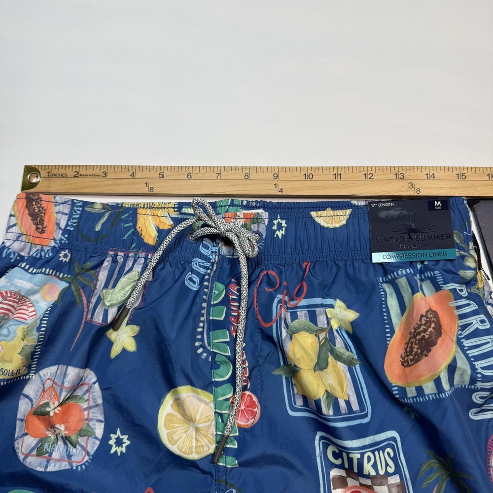Vintage Summer Swim Trunks Mens M Blue Citrus Fruit Print Compression Liner - Picture 8 of 11